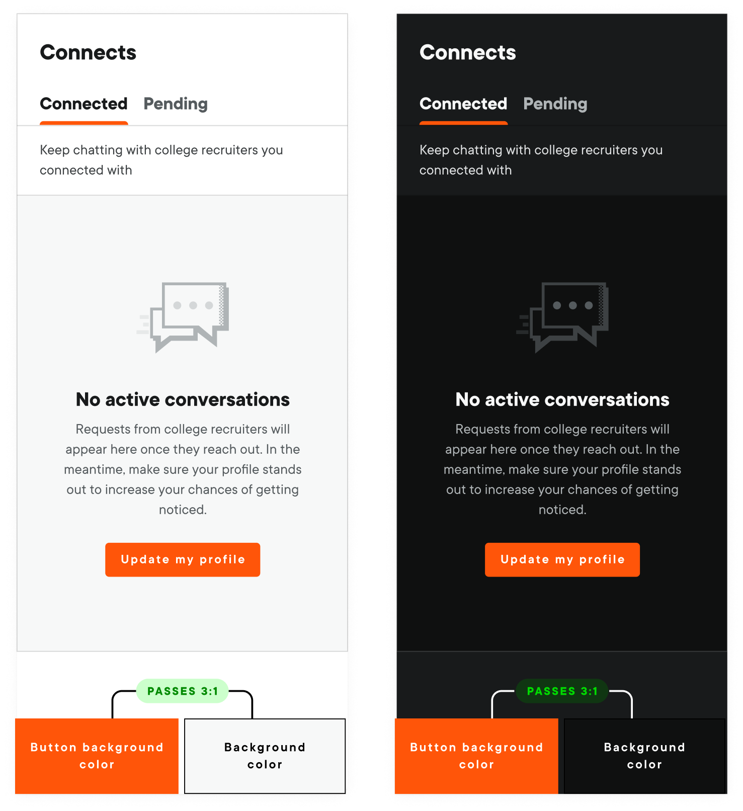 Light and dark product examples demonstrating accessible color hierarchy and 3 to 1 contrast