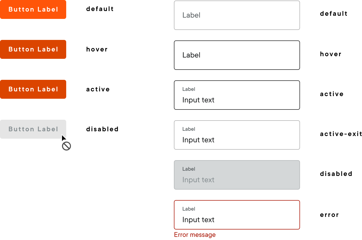Button and input states including hover, disabled, populated, and error variations