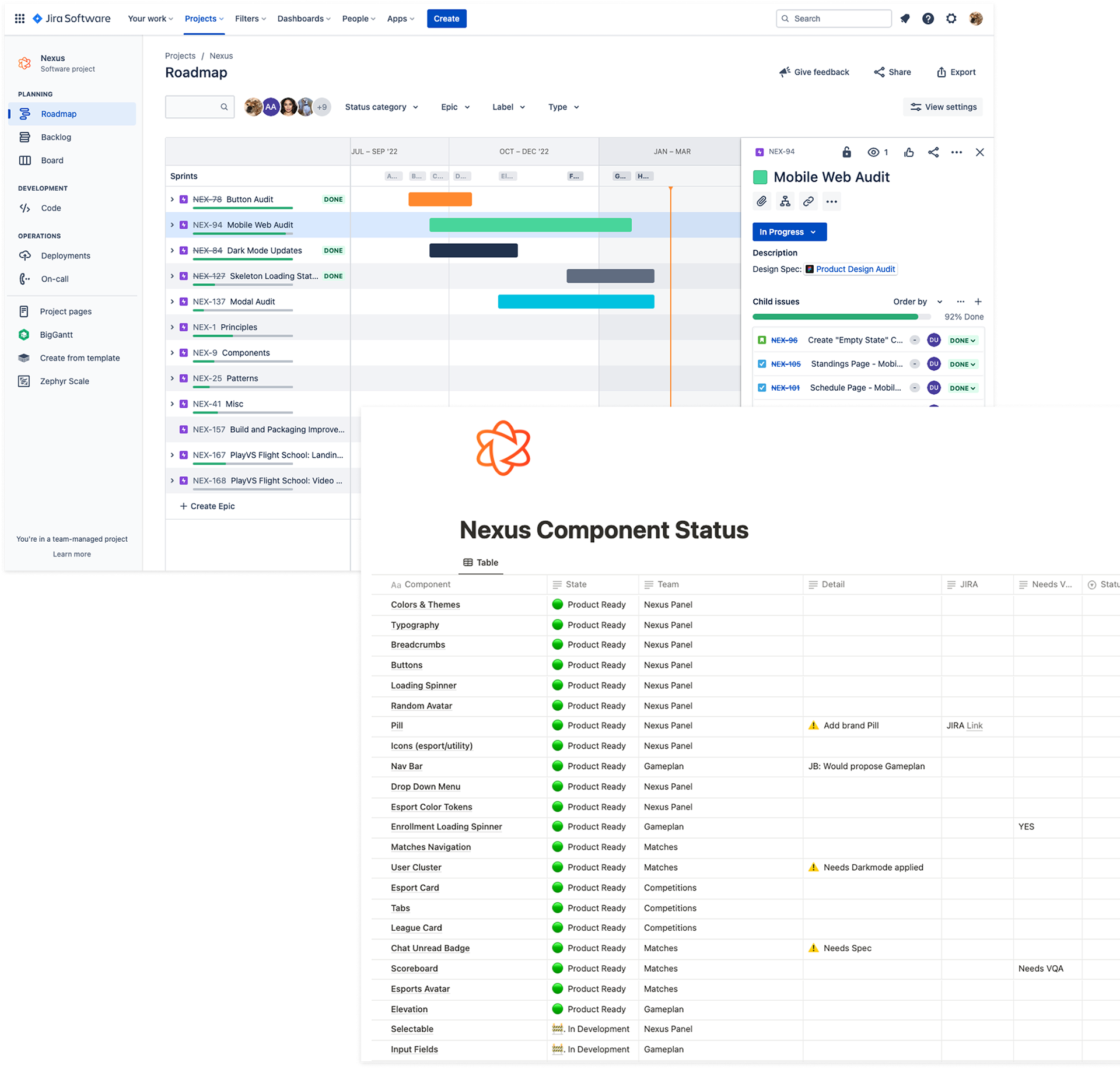 Nexus progress tracked through a Jira roadmap and Notion component status page