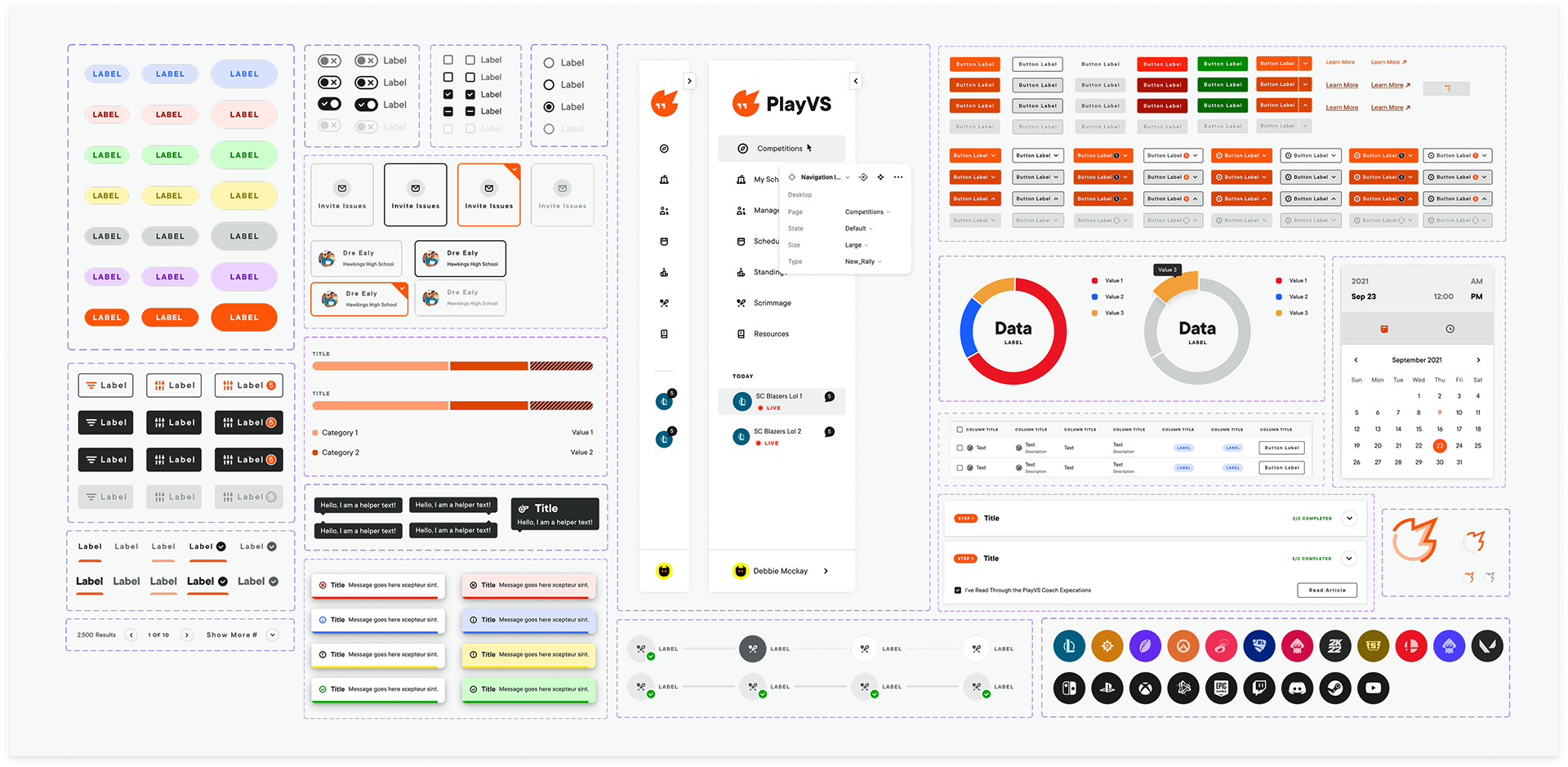 Nexus component library showing buttons, inputs, navigation, tables, charts, modals, and theme tokens