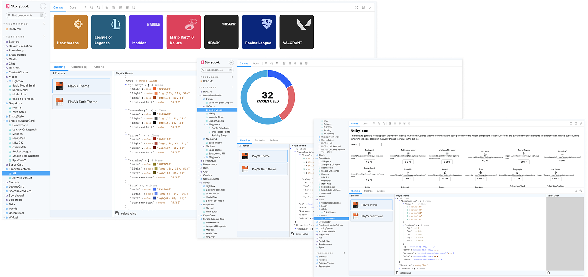 Nexus Storybook pages showing component variants, controls, and documentation