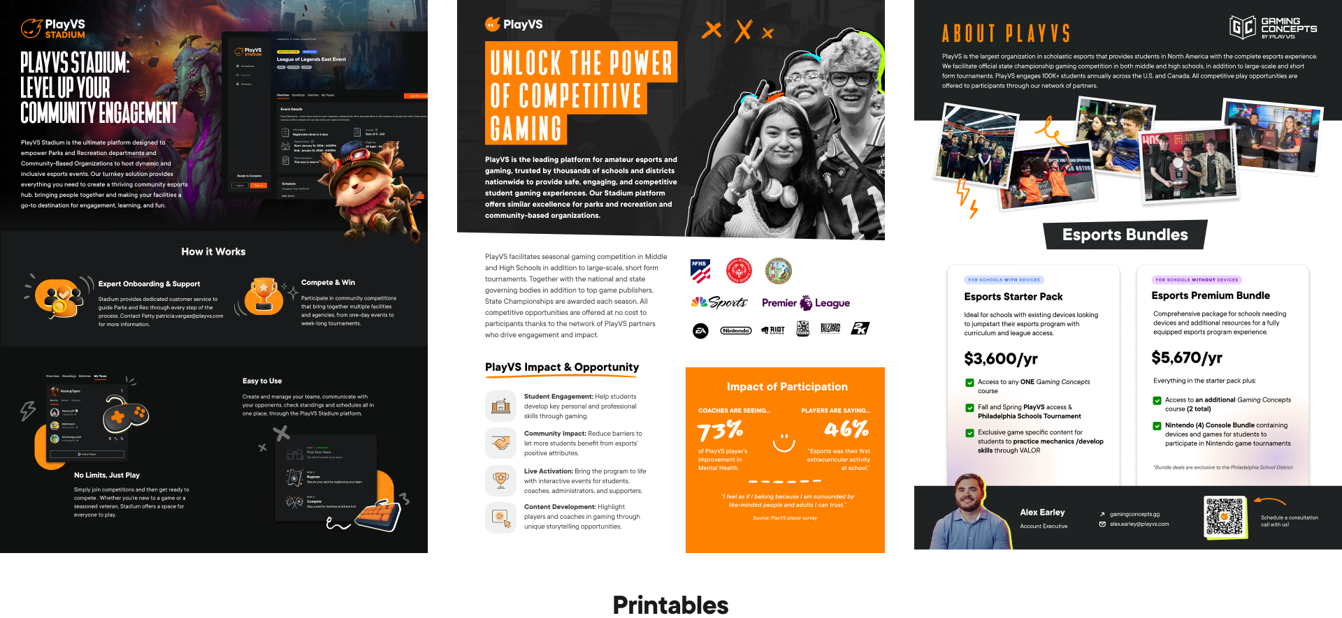 PlayVS Stadium and scholastic esports print materials