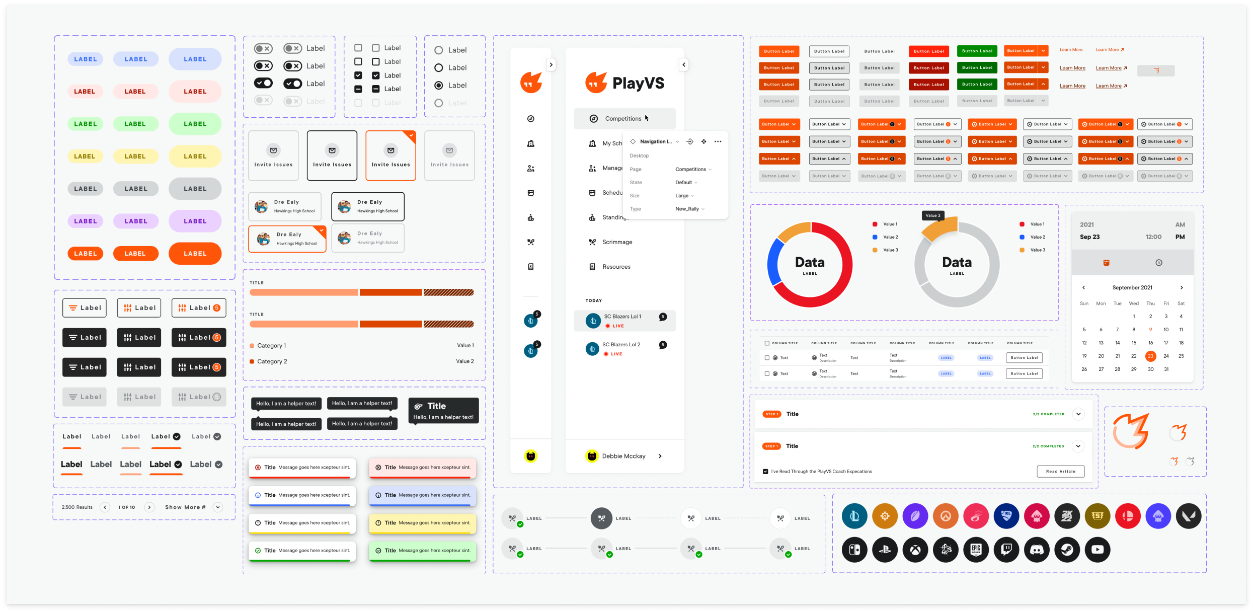 Nexus Design System components, tokens, navigation patterns, data visualization, and esport assets