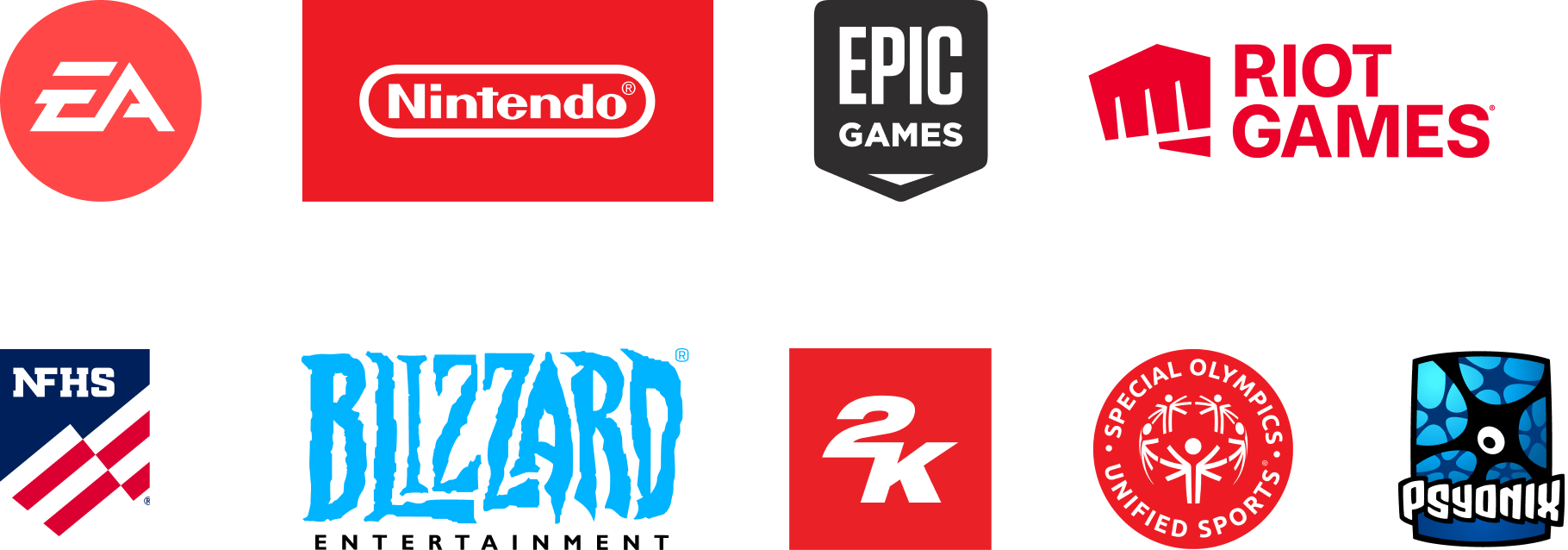 PlayVS partners including EA, Nintendo, Epic Games, Riot Games, Psyonix, Blizzard, 2K, NFHS, and Special Olympics