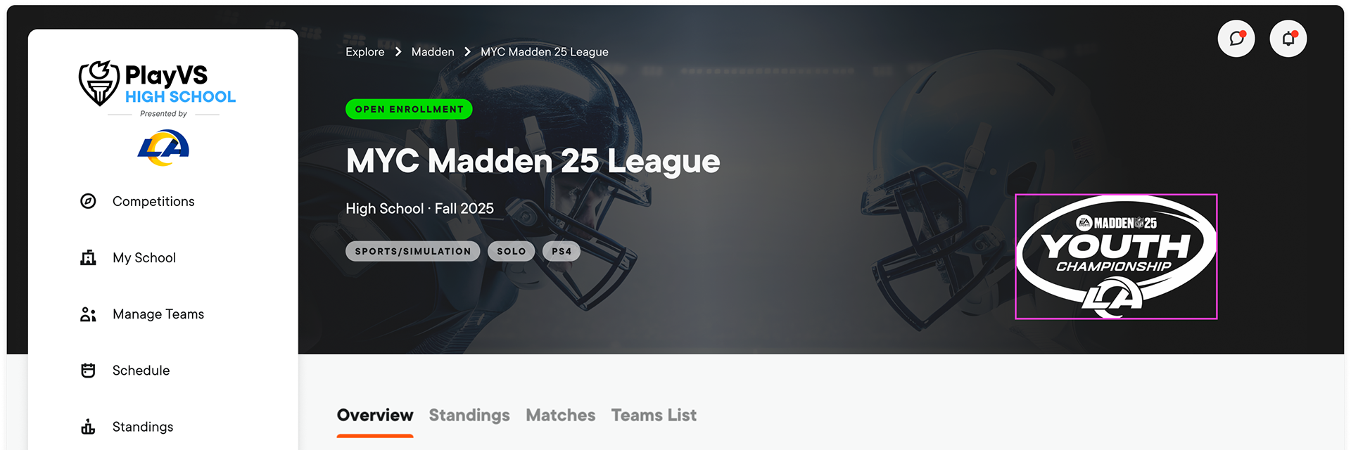 Desktop PlayVS league page integrating Los Angeles Rams presented-by branding and Madden Youth Championship artwork