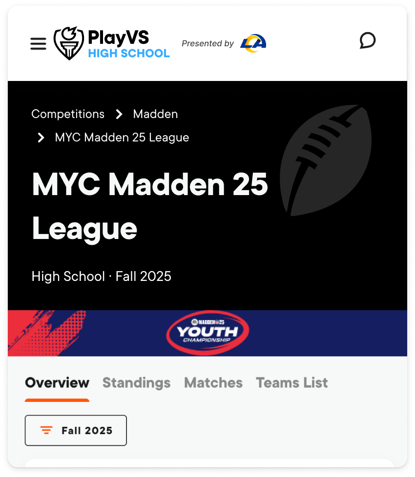 Mobile PlayVS league page with Los Angeles Rams sponsorship branding