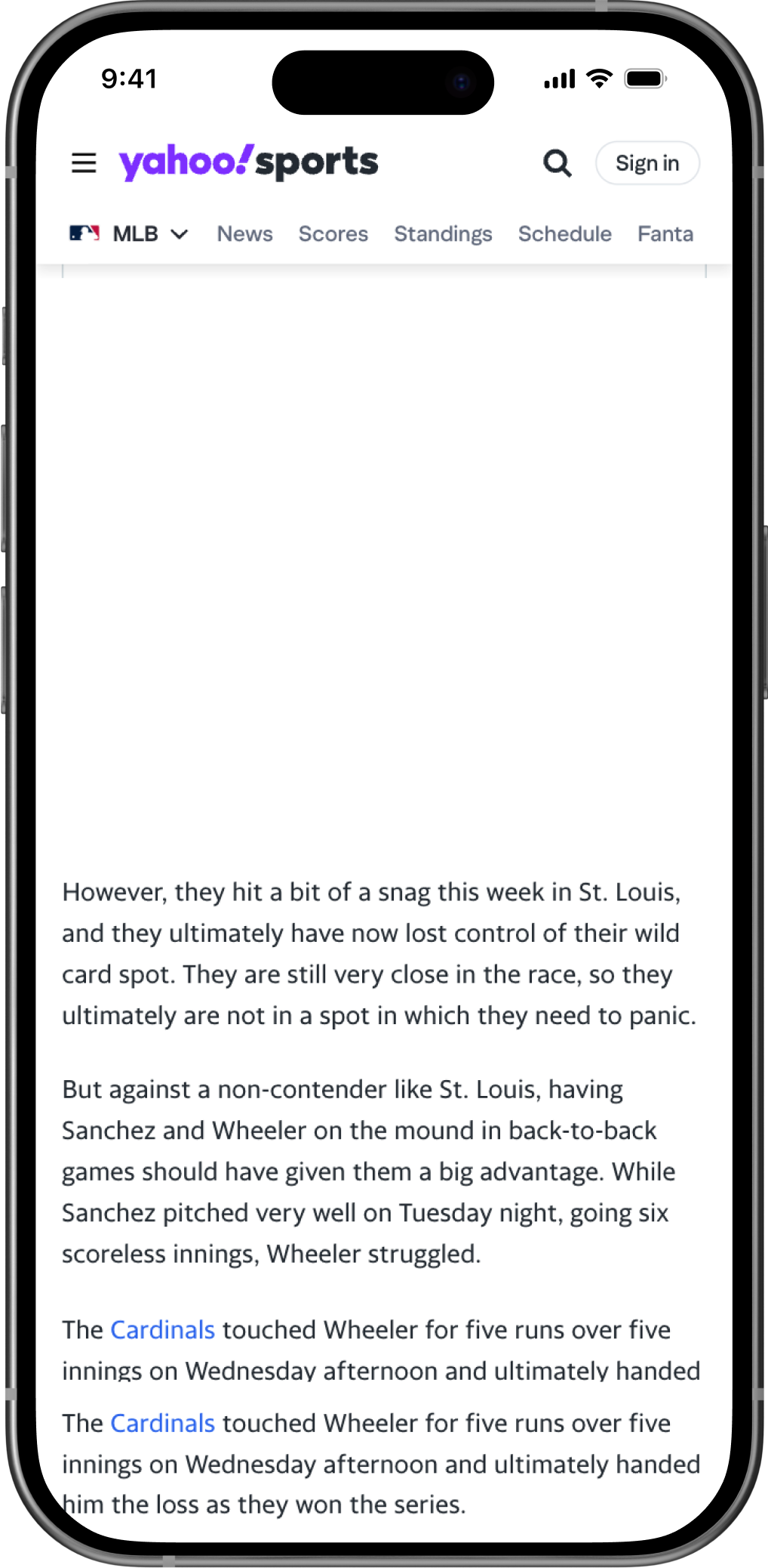 Yahoo Sports baseball article with space for a contextual prediction market