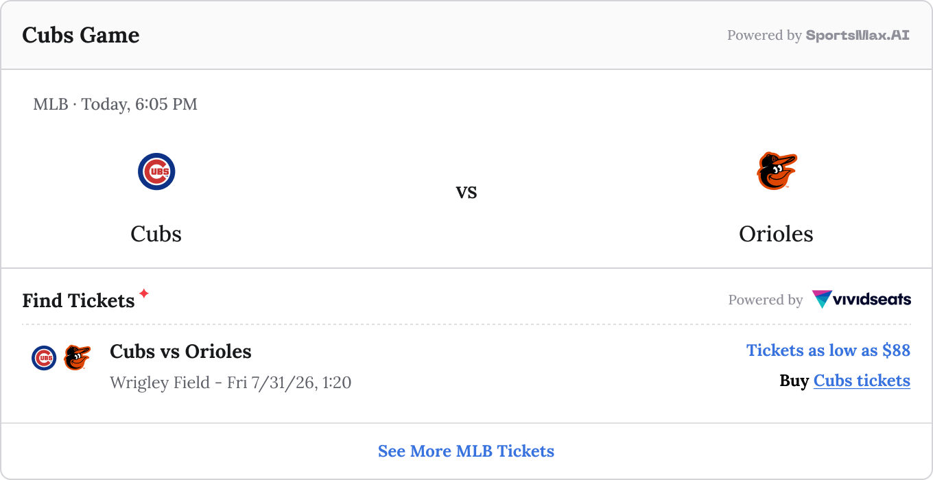 Upcoming Cubs and Orioles game widget with a Vivid Seats ticket offer
