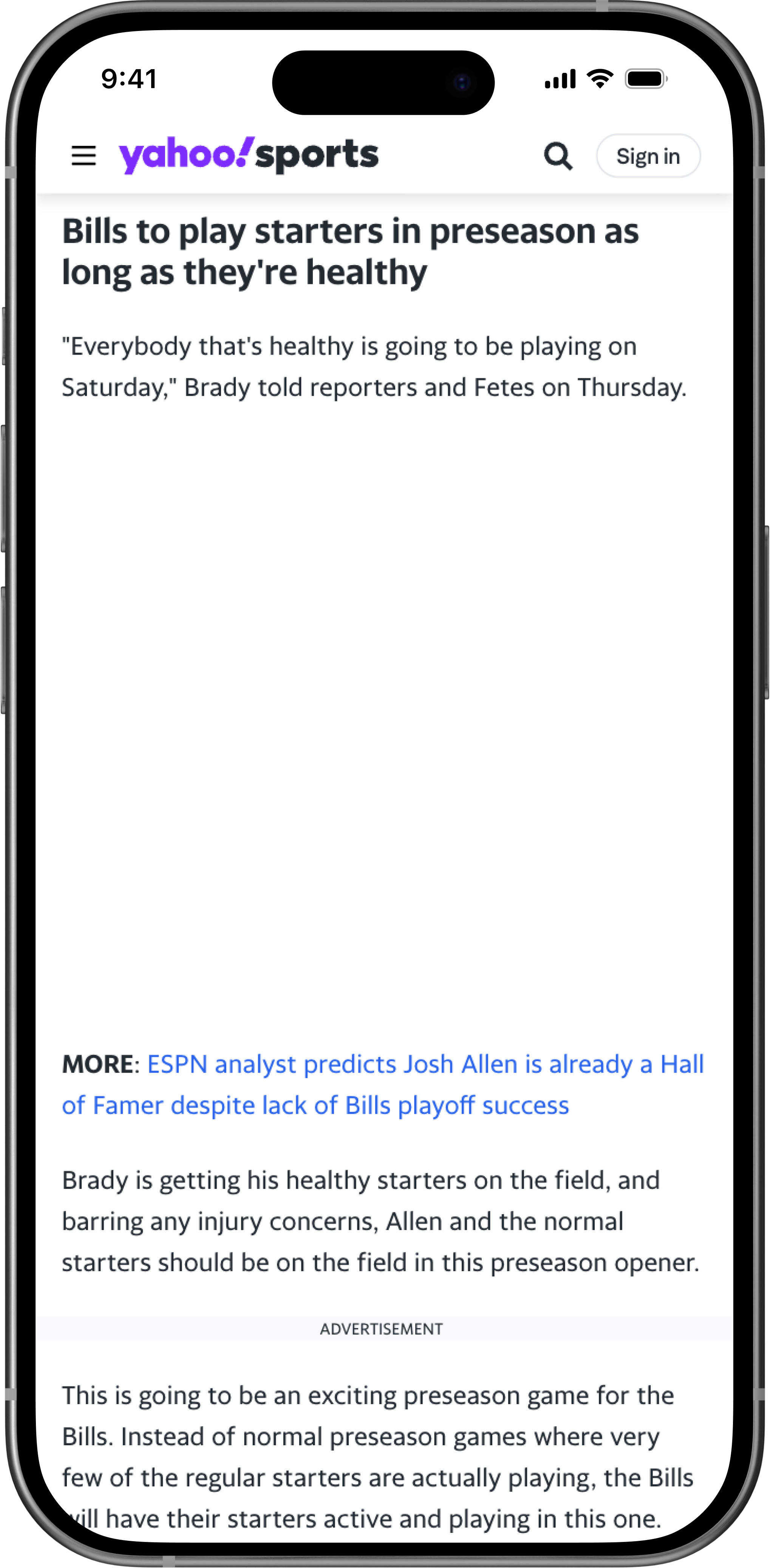 Yahoo Sports mobile football article with space for contextual tickets