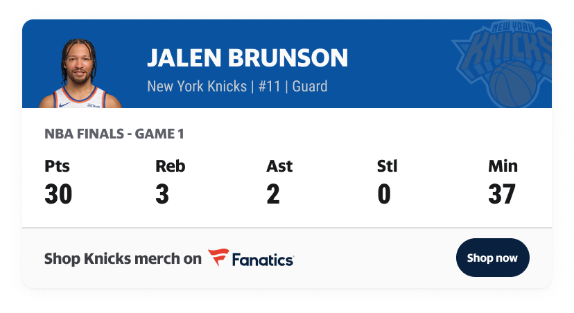 Jalen Brunson Game 1 player statistics with a relevant Knicks merchandise offer