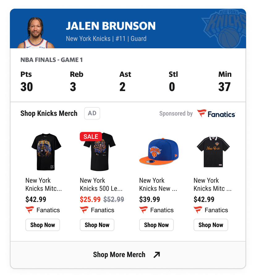 Jalen Brunson player stats with a contextual Fanatics New York Knicks merchandise feed
