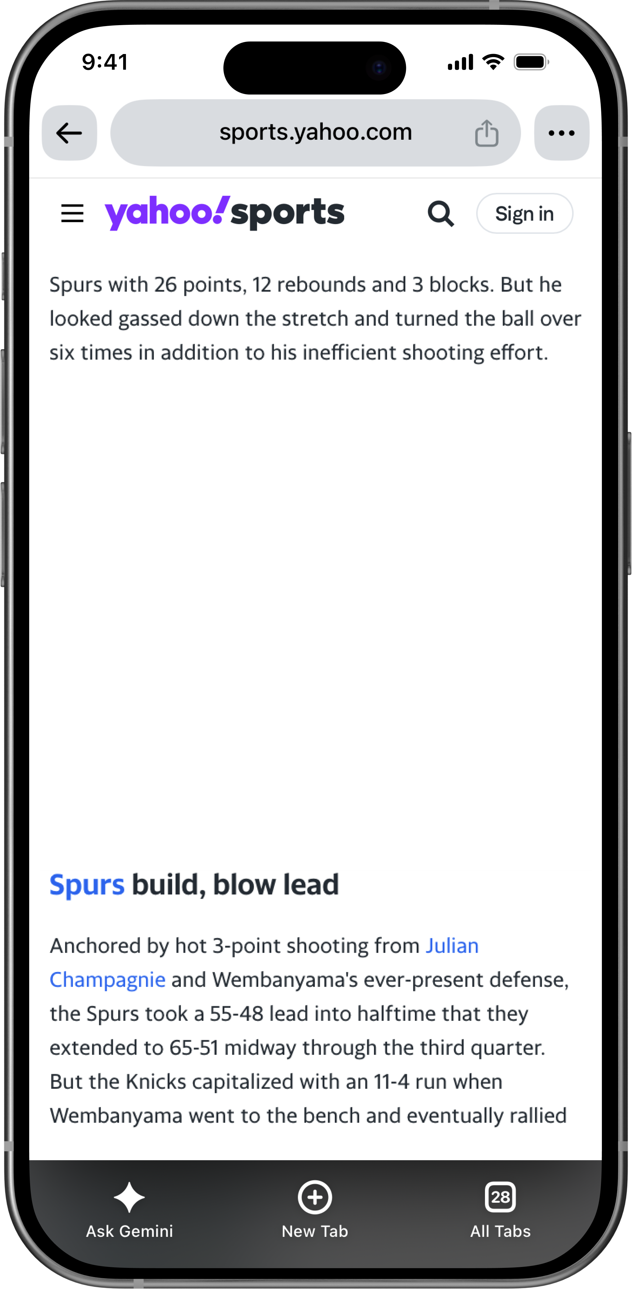 Yahoo Sports article ready for a contextual Ask Yahoo box score card