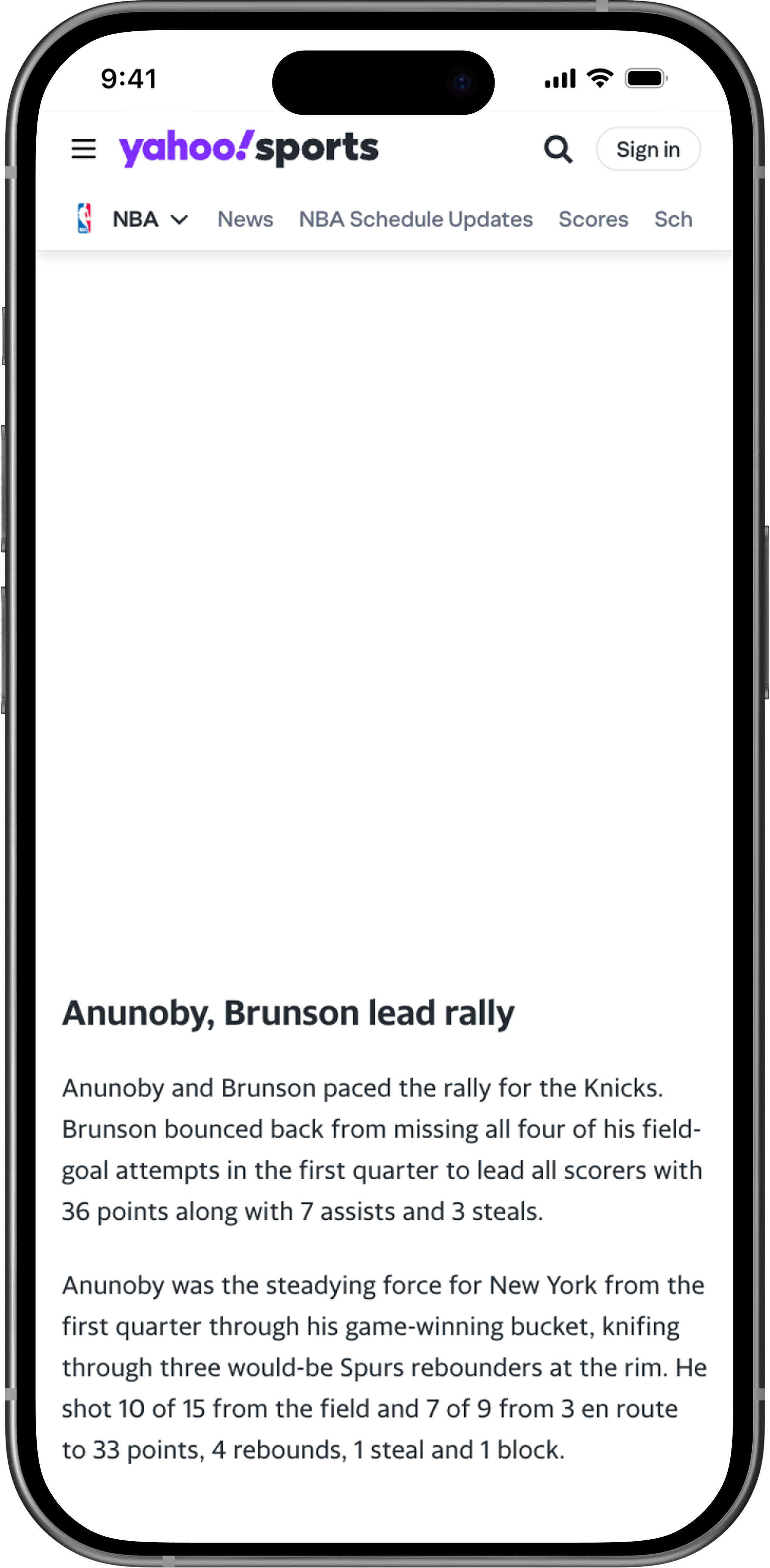 Yahoo Sports mobile basketball article with space for contextual merchandise