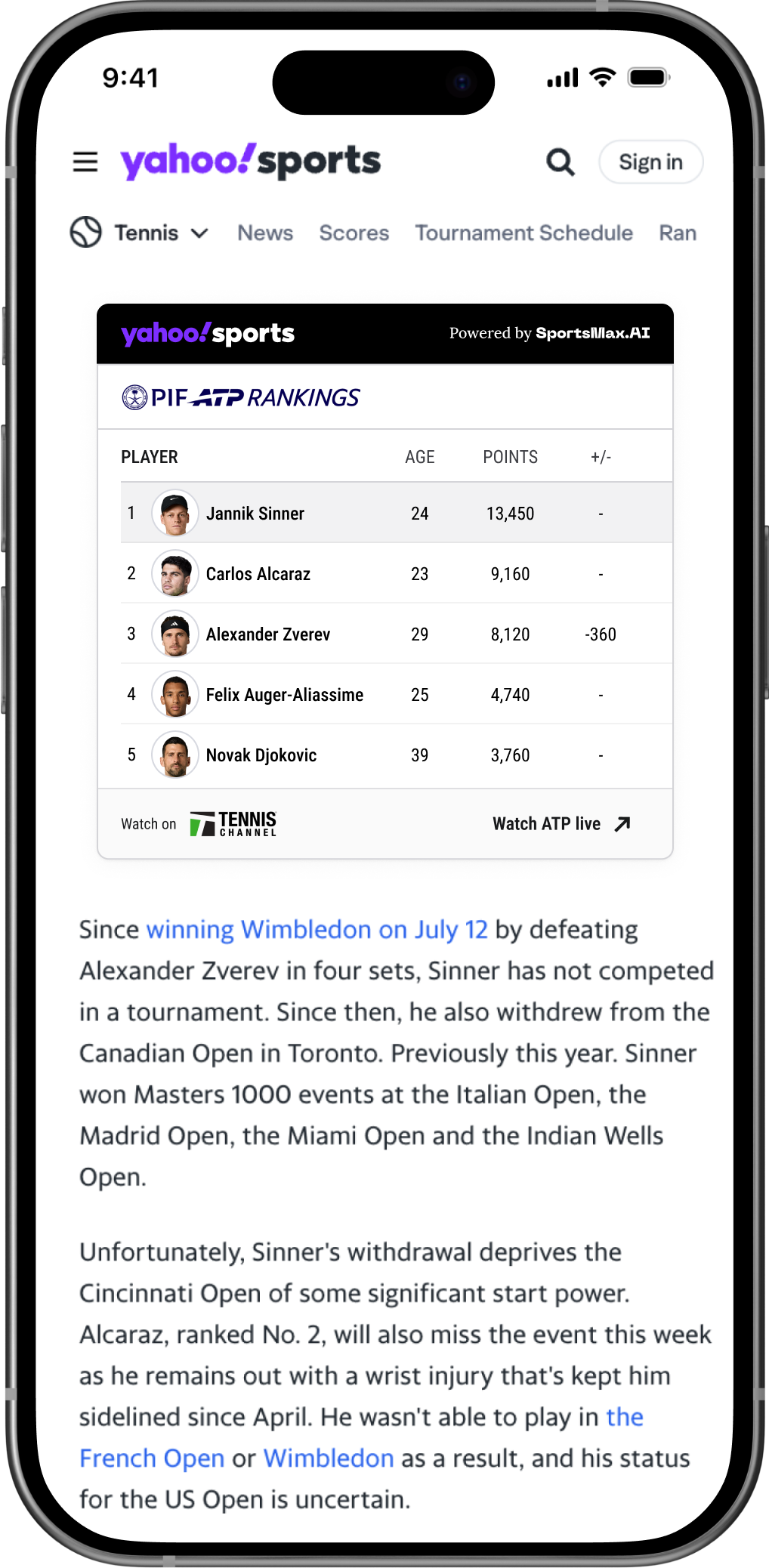 Yahoo Sports tennis article with an ATP rankings and streaming widget