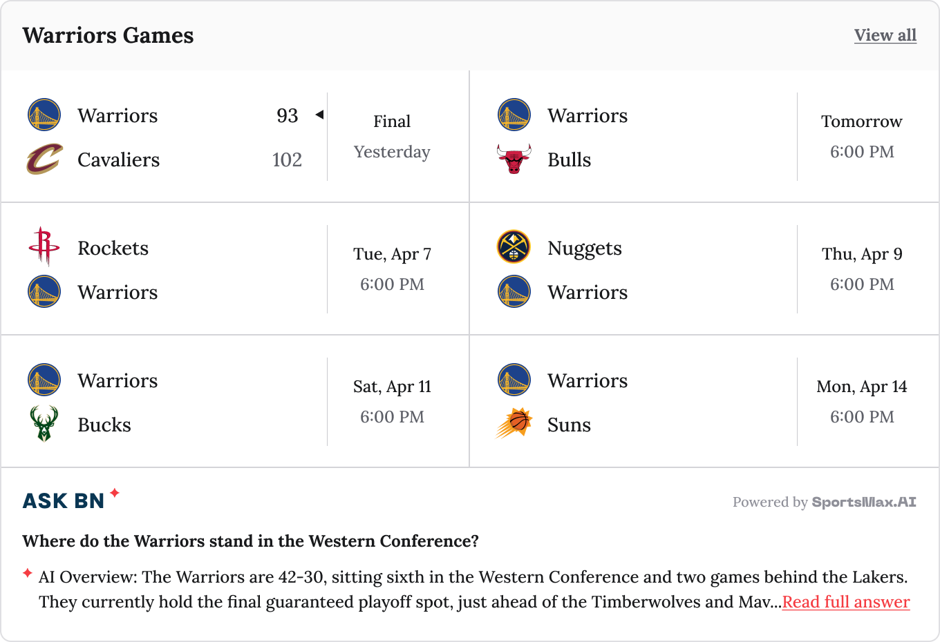 Warriors schedule widget with previous and upcoming games