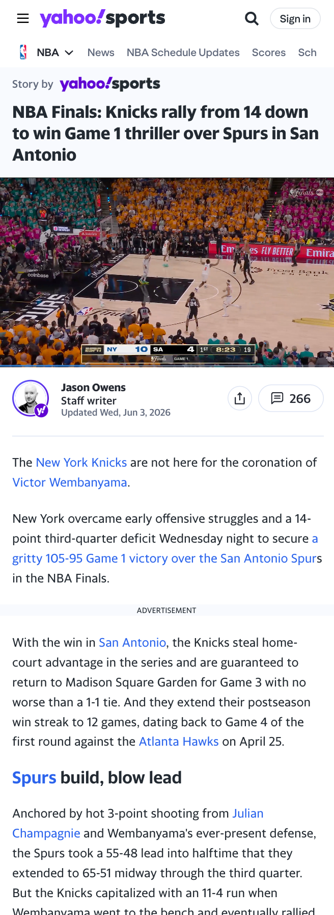 Knicks and Spurs playing in Game 1 of the NBA Finals